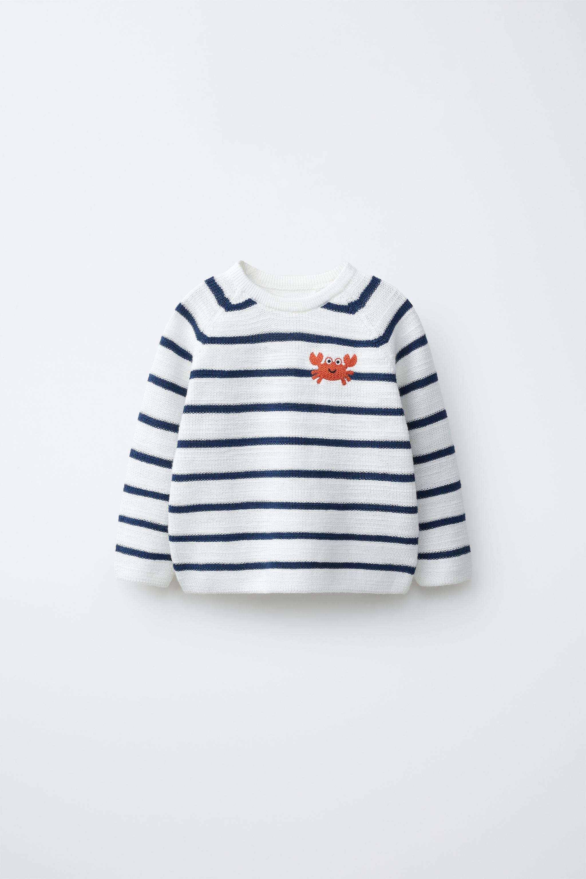 PULL EN MAILLE PERLÉE RAYURES CRABE BRODÉ